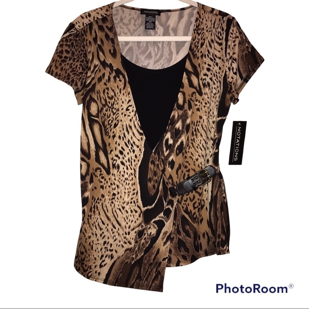 New Animal Print Black Blouse with Faux Leather Side Belt Woman’s Size Small